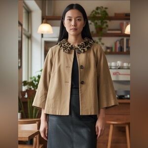 Chico's Camel Swing Jacket Cape with Animal Print Collar.